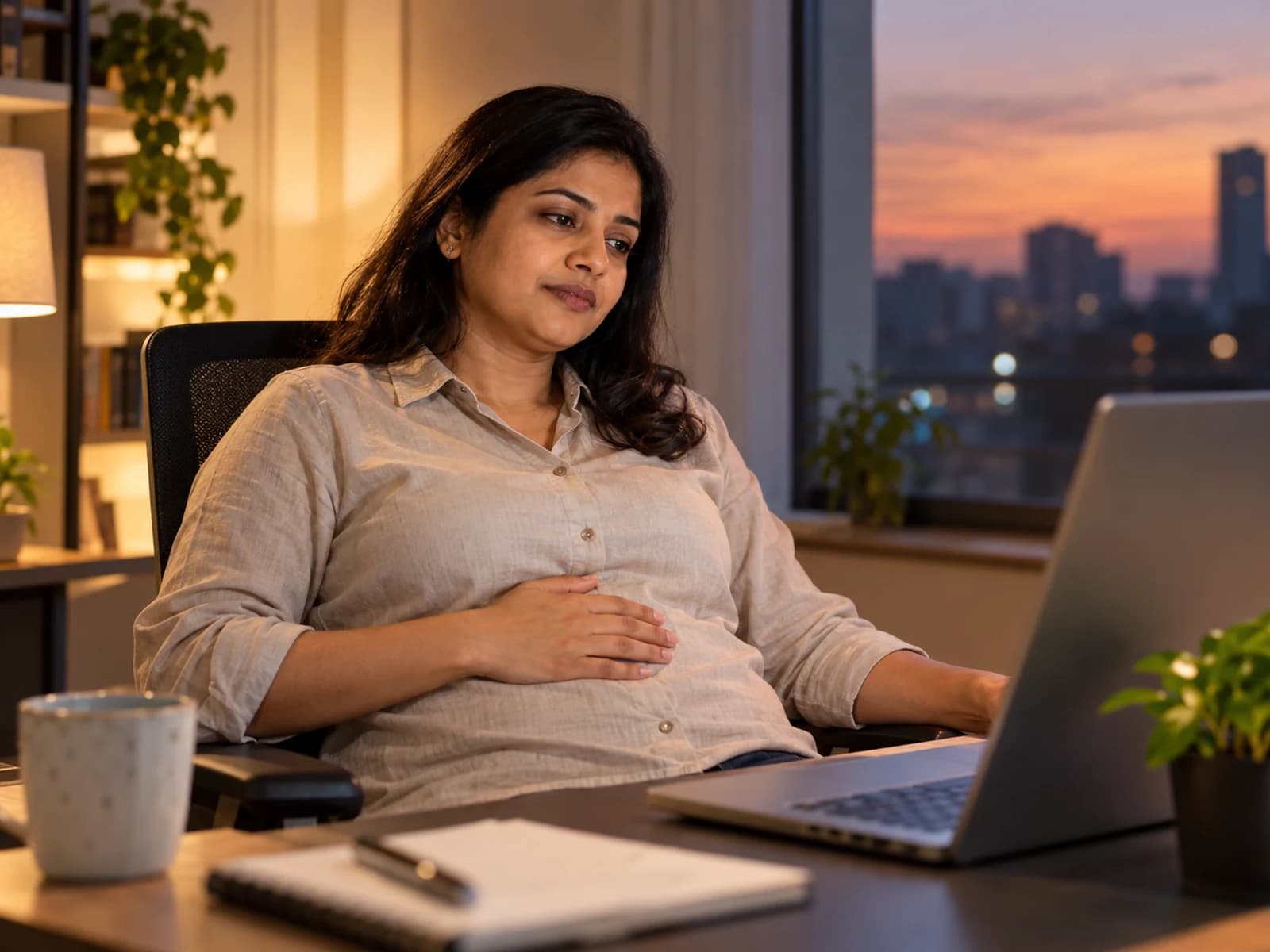 A person sitting at a desk in the evening, hand resting on a comfortably full belly, looking tired but calm