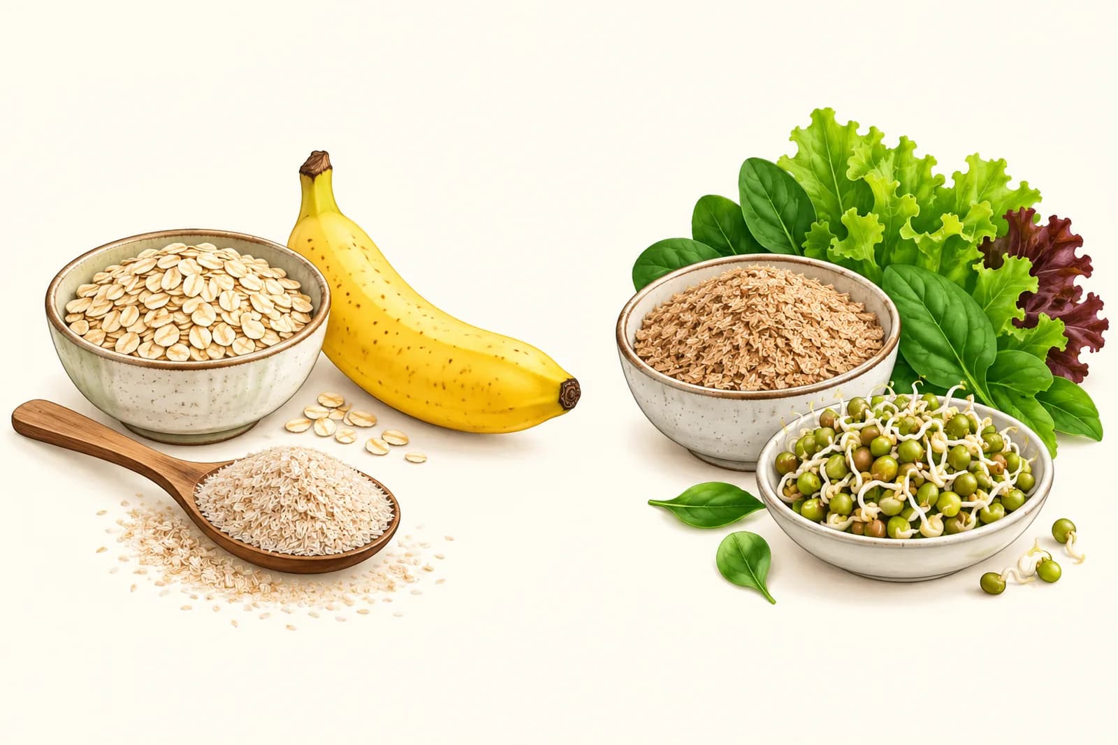 Illustration comparing soluble fibre foods and insoluble fibre foods on a simple chart