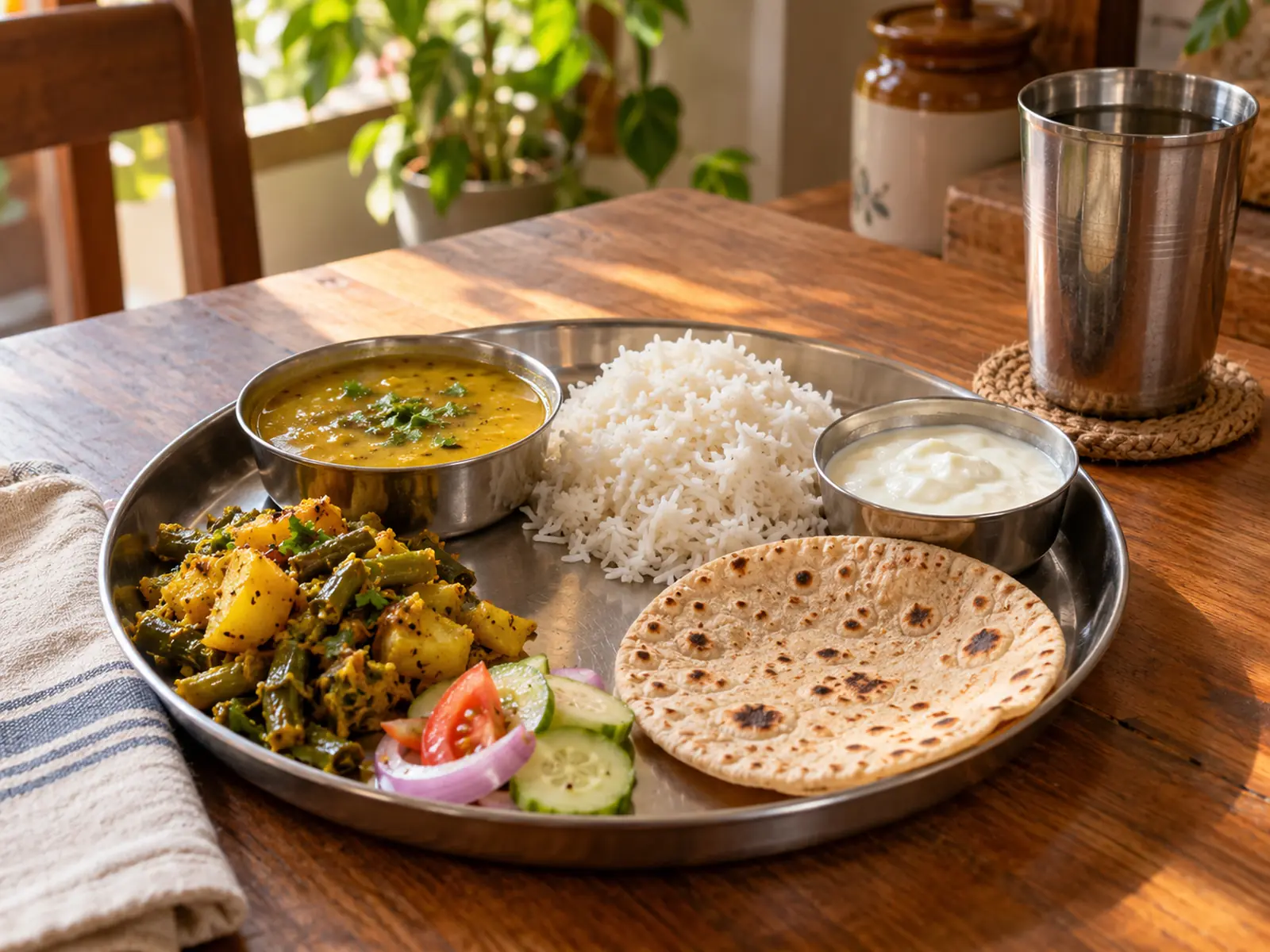 A simple Indian thali with cooked vegetables, dal, rice, curd, a roti and a little salad, with a steel glass of water beside it