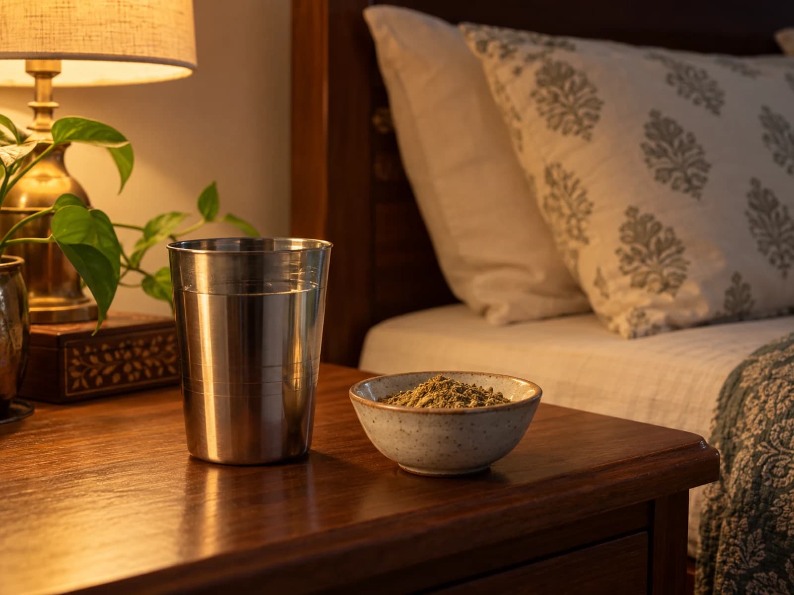 A bedside table with a glass of water and a small bowl of churna powder in soft evening light