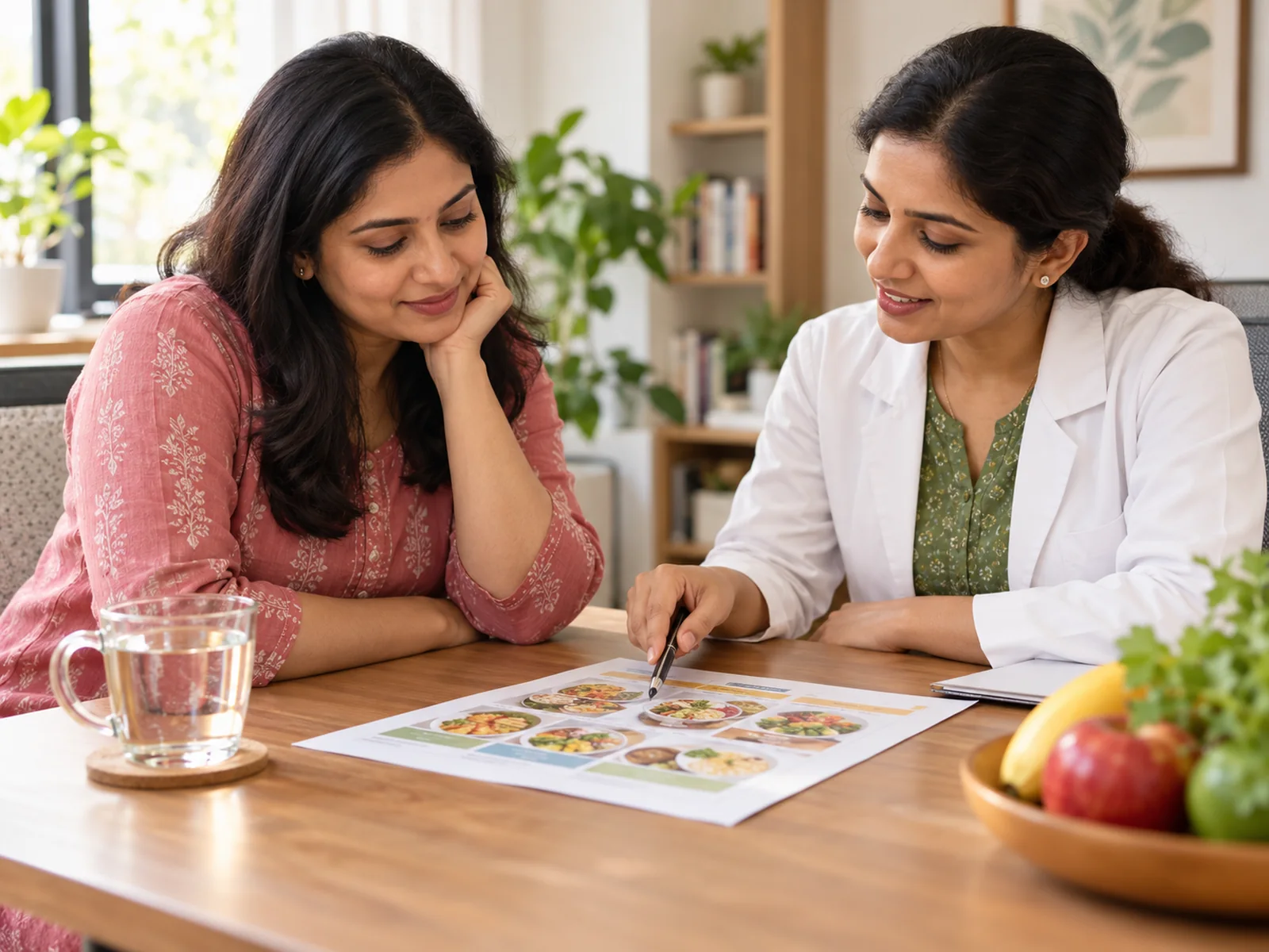 A woman reviewing a diet chart with a dietitian, a glass of warm water on the table