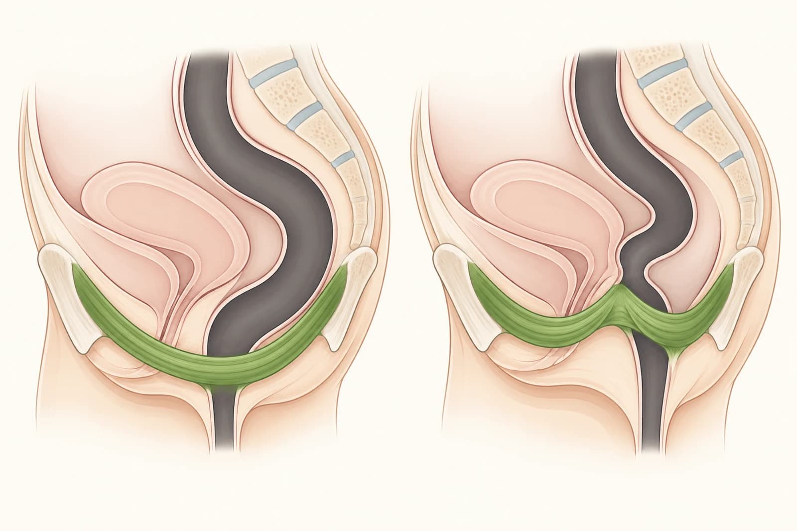Simple diagram of the bowel exit with the pelvic muscle sling relaxed and tight