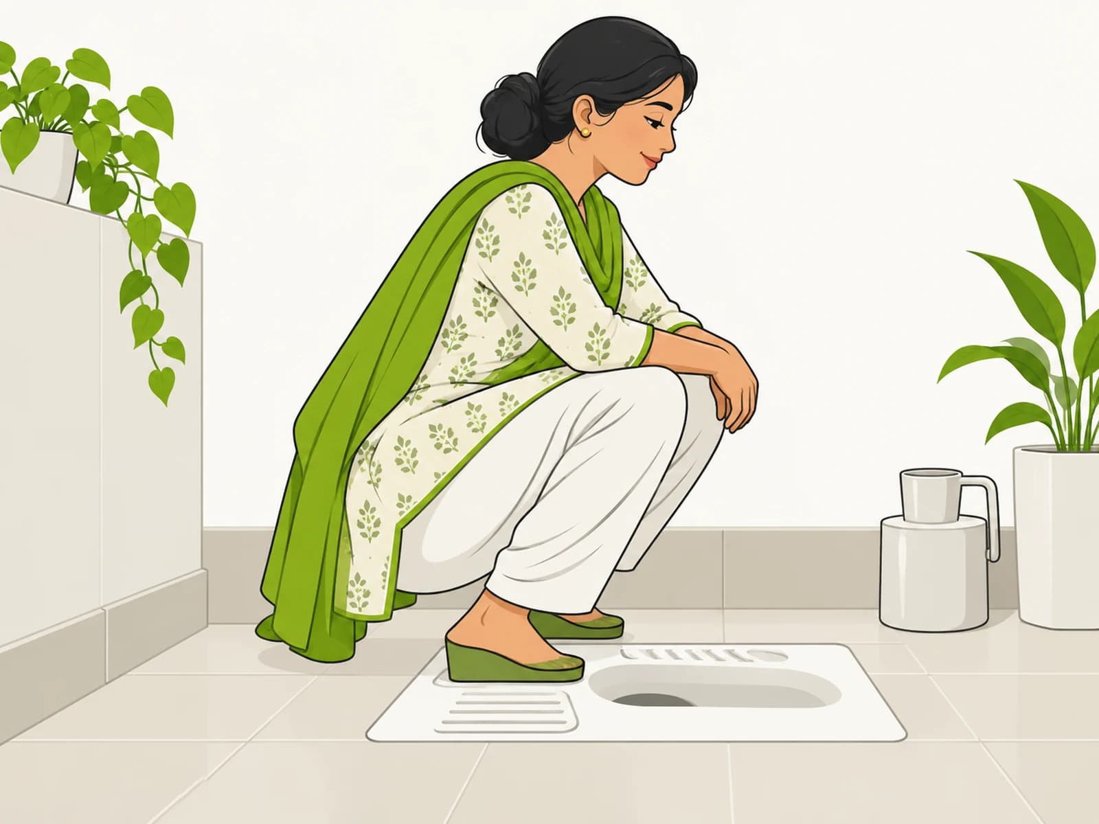 Side view of a person squatting on an Indian toilet with heels raised on a firm slipper, relaxed and leaning slightly forward