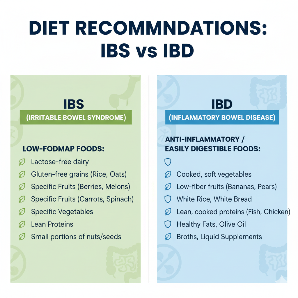 Side-by-side comparison of ibd vs ibs diet recommendations showing low-FODMAP foods for IBS and anti-inflammatory easily digestible foods for IBD