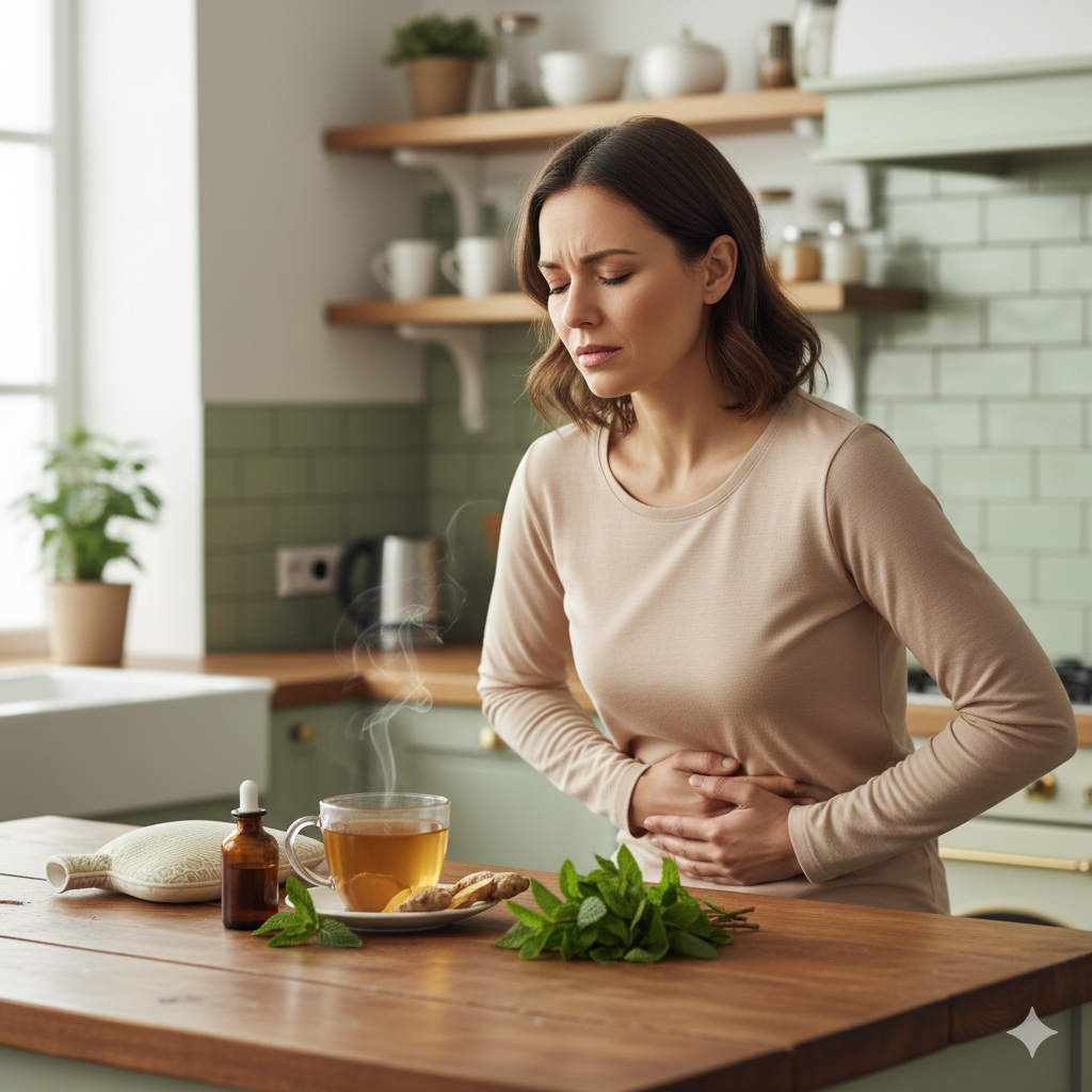Home remedies for IBS pain including ginger tea and peppermint on kitchen counter