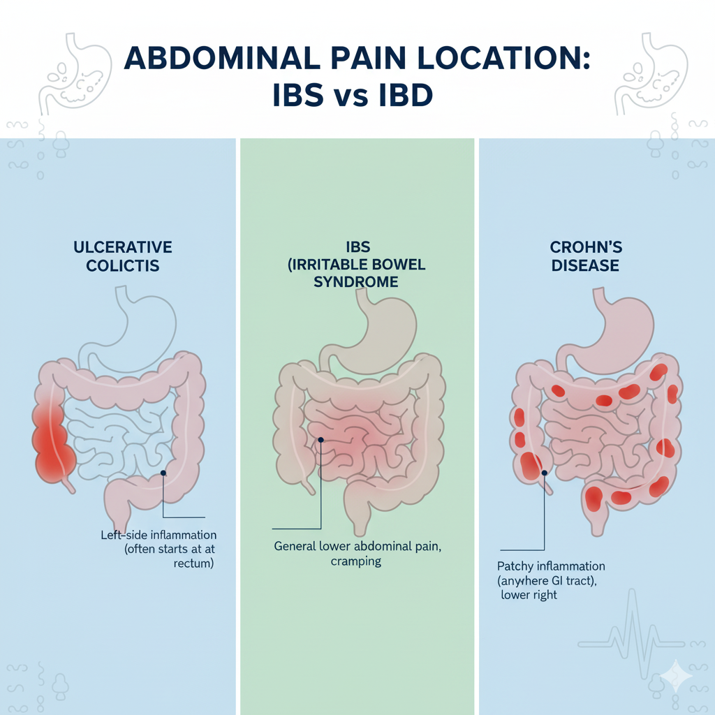 Diagram showing ibd vs ibs pain location in the abdomen with Crohn's disease right side and ulcerative colitis left side compared to general IBS lower abdominal pain