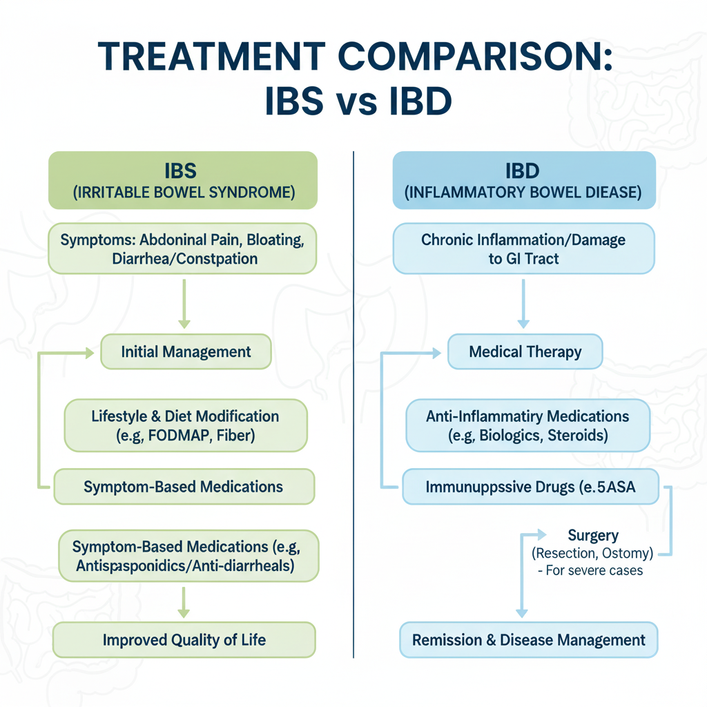 Treatment comparison flowchart showing ibd vs ibs treatment pathways with IBS using diet and symptom management versus IBD requiring anti-inflammatory and immunosuppressive medications