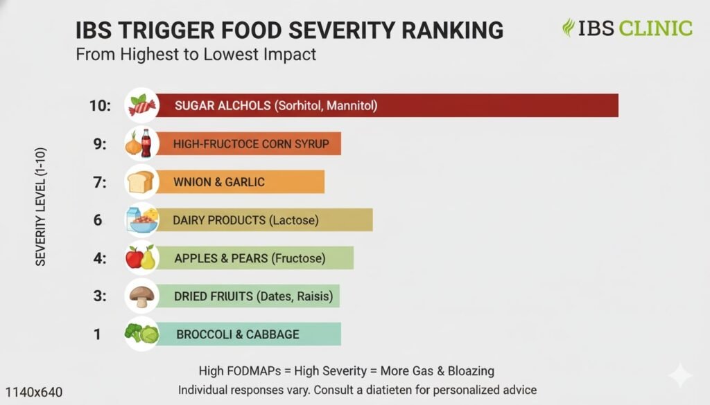 Severity ranking chart of worst trigger foods for IBS from dairy to sugar alcohols