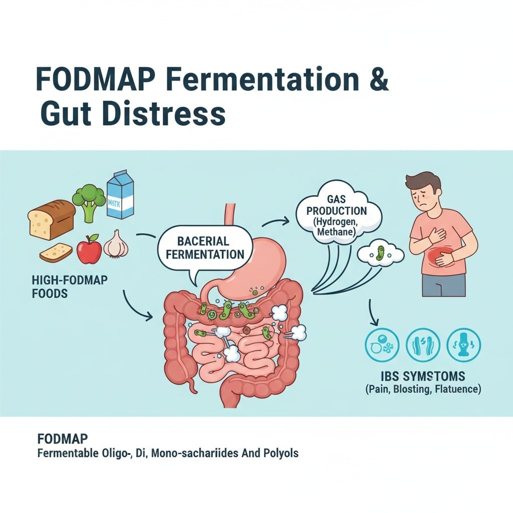 Diagram explaining how worst IBS foods cause fermentation and gas production in the digestive system