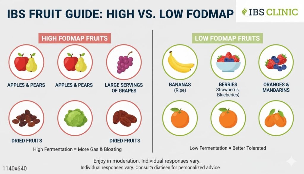 Visual guide comparing worst fruits for IBS like apples and pears with safe alternatives like bananas and berries